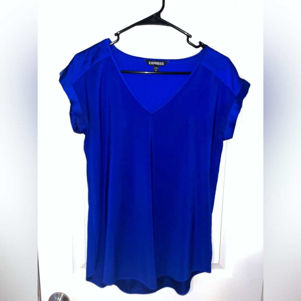 Express Royal Blue Satin Capped Sleeve Shirt Womens Size Small
